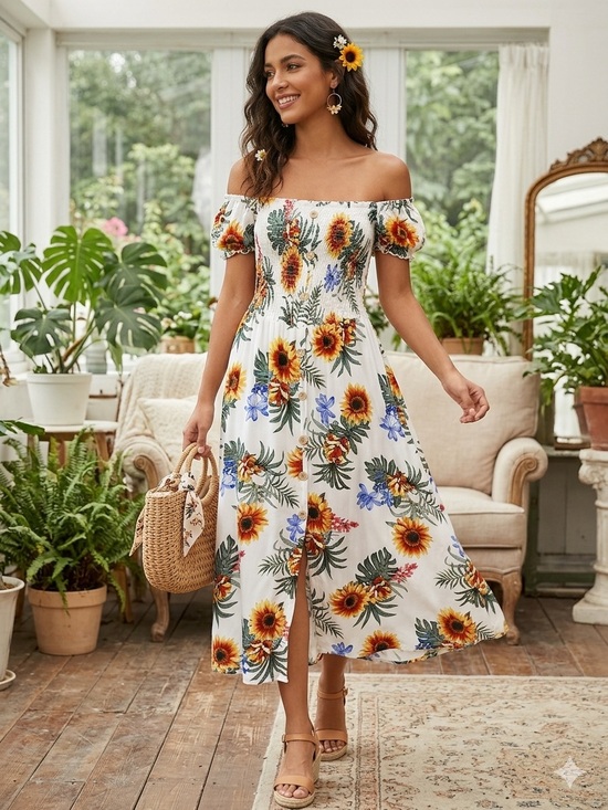 SHEIN Dresses & Skirts - SHEIN‎ White Off-Shoulder Sunflower Print Midi Dress